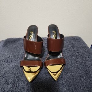 FSJ Brown Patent Leather Pointed Gold Tone Open Toe Stiletto Heels Size 10